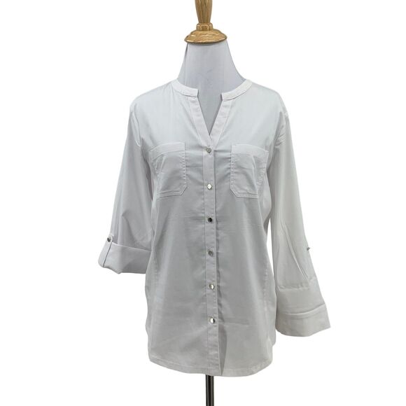 Cathy Woven Stretch Blouse Womens S Small White Buton Up Tab Sleeve Collarless - Picture 1 of 13